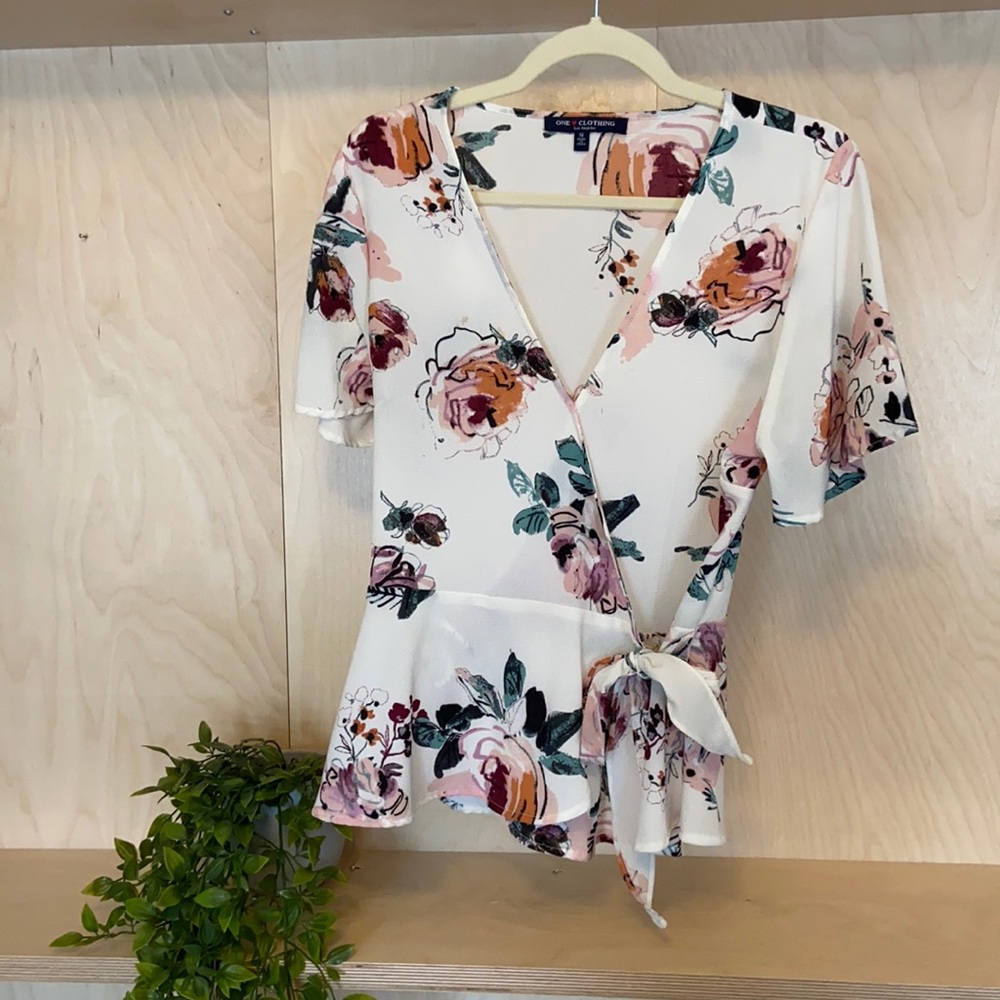 Flower Print White Wrapped Blouse - Size Small